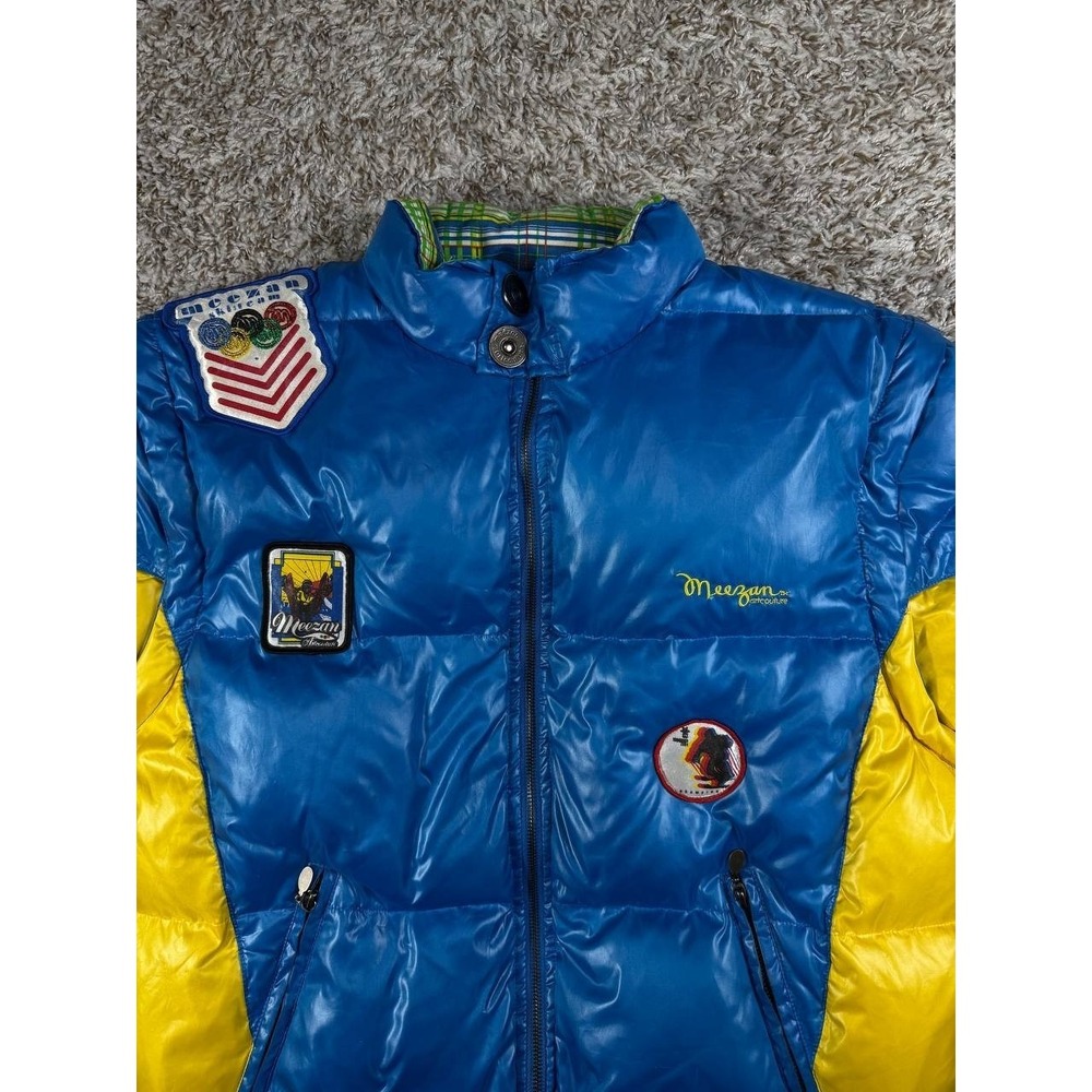 Vintage Meezan Ski Team Patch Puffer Jacket Blue Yellow Men's Large - Picture 2 of 14